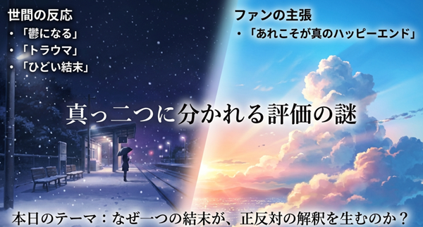 世間の反応としての「鬱・トラウマ」と、ファンの主張する「真のハッピーエンド」という対立する評価、および本日のテーマである解釈の謎についての解説図。