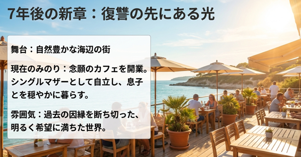 復讐から7年後、自然豊かな海辺の街でカフェを開業し、シングルマザーとして穏やかに暮らすみのりの新生活の設定資料