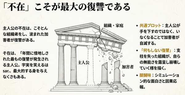 主人公という支柱を失ったことで、組織や家庭（神殿）が音を立てて崩れ落ち、加害者がその瓦礫の下敷きになる様子を描いた「不在の復讐」の概念図。
