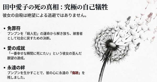 田中愛子の死因と自殺の動機についての解説図。絶望による逃避ではなく、プンプンを殺人犯の運命から救うための「免罪符」であり、歪んだ愛の成就であったことを示す3つのポイント（免罪符・愛の成就・永遠の絆）。