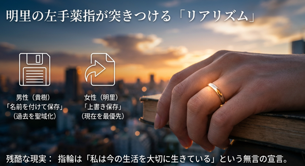 男性（貴樹）の「名前を付けて保存」と女性（明里）の「上書き保存」という心理的対比と、明里の左手薬指の指輪が示す「現在の生活を大切に生きる」という宣言についての図解。