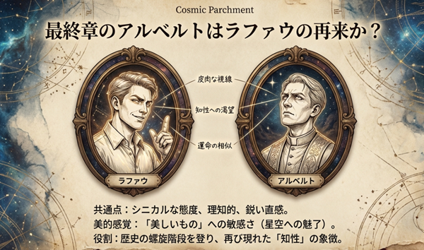 ラファウの肖像とアルベルトの比較図。シニカルな態度、知的な渇望、鋭い直感といった共通点や、歴史の螺旋階段を登って現れた「知性」の象徴としての役割解説。