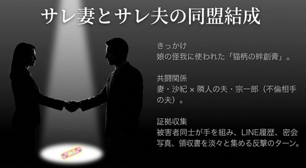 猫柄の絆創膏をきっかけに不倫が発覚し、被害者である沙紀と宗一郎が協力して証拠収集（LINE履歴、密会写真、領収書）を行う反撃のプロセス図。