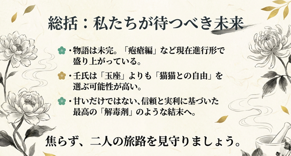 記事のまとめ。未完の現状、自由を選ぶ壬氏、信頼に基づく夫婦関係など、本作が向かうハッピーエンドの要点を箇条書きにしたスライド。