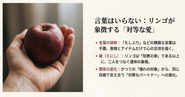 手に持った赤いリンゴの画像と共に、言葉を排除した演出の意味や、二人が依存関係から対等なパートナーへと変化したことを解説したスライド。