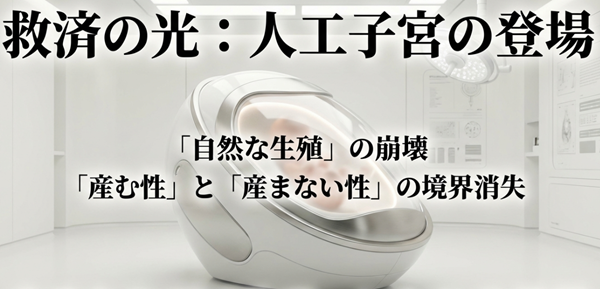 物語の結末に関わる「人工子宮」の登場について解説。「自然な生殖」の崩壊により、「産む性」と「産まない性」の境界が消失し、主人公たちに希望がもたらされる構造を示した図。