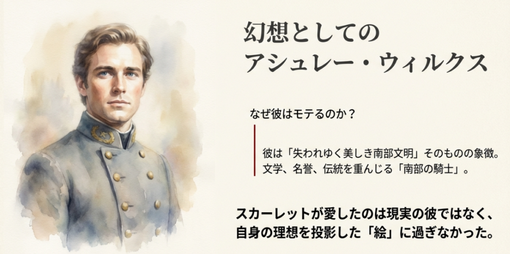 アシュレー・ウィルクスがモテる理由は「失われゆく美しき南部文明」の象徴だからであり、スカーレットの愛は現実ではなく理想を投影した幻想であることを解説したスライド