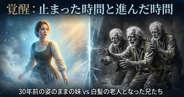 冷凍睡眠から目覚めた30年前の姿のままの主人公と、白髪の老人となり涙を流す兄たちの対比を描いたイメージ図。