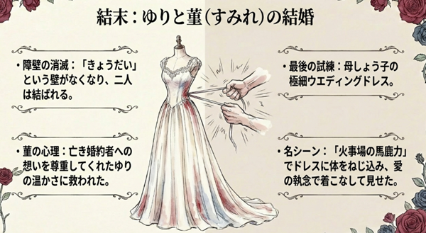 兄妹の壁が消滅して結ばれるゆりと菫、そして母しょう子から課されたウエディングドレスの試練とハッピーエンドについての解説。