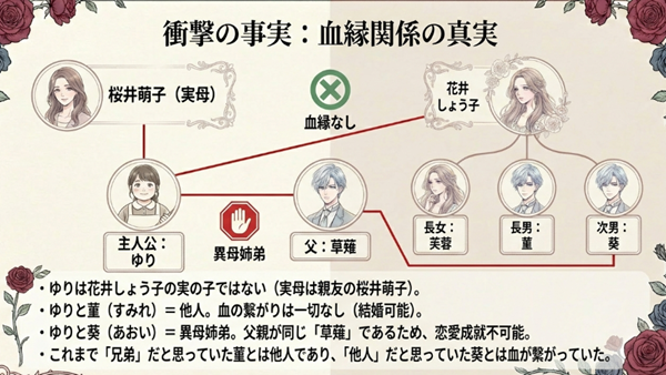 ゆりの実母が桜井萌子である事実や、菫とは他人で葵とは異母姉弟であるという、複雑な血縁関係の真実を図解したスライド