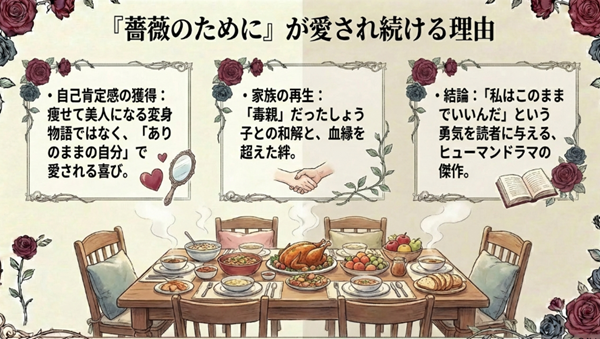 外見コンプレックスを乗り越え「ありのままの自分」で愛されるゆりの姿や、毒親との和解を描いた感動のポイントを解説したスライド