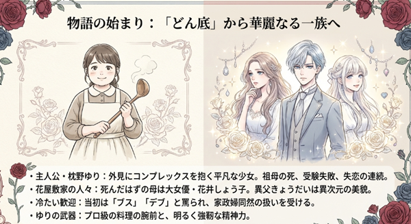 主人公・枕野ゆりが直面する不幸の連続と、大女優・花井しょう子の娘として花屋敷家の美形きょうだいたちと出会う物語の導入解説。