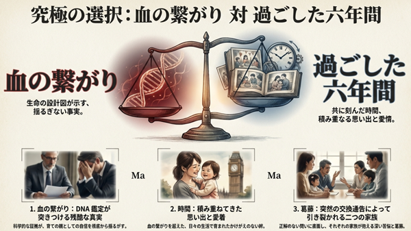 DNAの二重らせんと、家族との思い出が詰まったアルバムや時計を天秤にかけ、血縁と時間のどちらが重いかを問いかける『そして父になる』のテーマ図解。