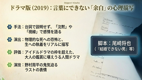 脚本家・尾崎将也による「沈黙」や「視線」を用いた演出手法と、野村周平の演技が評価される理由を解説したスライド。