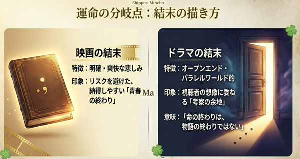 映画版の「明確・爽快な悲しみ」とドラマ版の「オープンエンド・考察の余地」という結末の違いを比較解説したスライド。