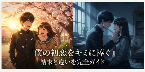 映画版とドラマ版の違い、結末の完全ガイド、そして二つの愛の形を描いたスライドの表紙。