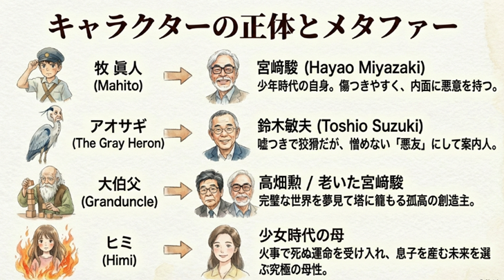 牧眞人、アオサギ、大伯父、ヒミなどのキャラクターが、宮﨑駿や鈴木敏夫、高畑勲らを象徴していることの解説一覧。