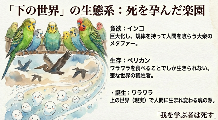 貪欲なインコ、生存のためにワラワラを食べるペリカンなど、異界の生態系とメタファーの解説図。