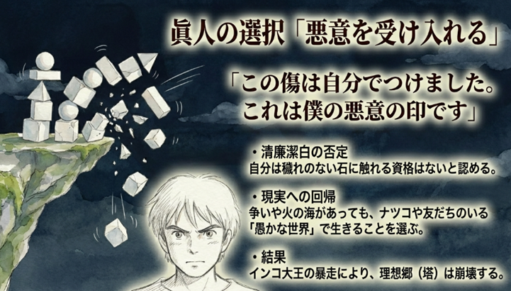 大伯父の提案を拒絶し、自分の悪意を認めて現実世界へ戻ることを選んだ眞人の決断についての解説。