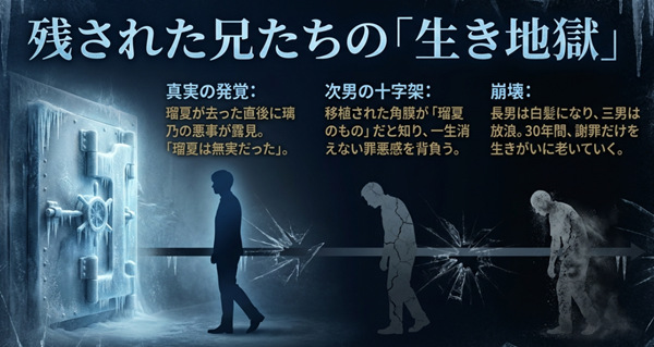 瑠夏の無実と角膜提供の事実を知った兄たちの末路。次男が背負った十字架や、長男・三男の崩壊と後悔の日々を描いた解説図。