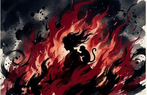 炎に包まれる娘と、火中に飛び込み共に焼死する猿の良秀