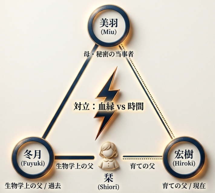 美羽、宏樹、冬月の関係性と、娘の栞を巡る「生物学上の父」対「育ての父」という構造、そして最終回の起点となった宏樹の行動意図を解説した相関図。