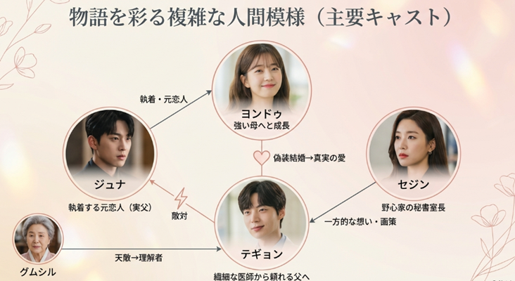 オ・ヨンドゥ、コン・テギョン、キム・ジュナ、チャン・セジンを中心とした主要キャストの相関関係と、物語を通じた役割の変化を解説した図。