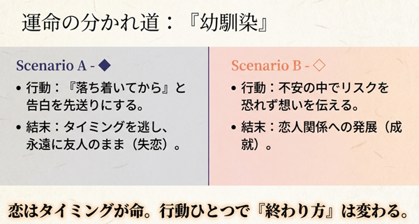 エピソード『幼馴染』における2つの結末パターン（シナリオAとB）の比較図。告白を先送りにして失恋する結末と、リスクを恐れず伝えて成就する結末の対比。
