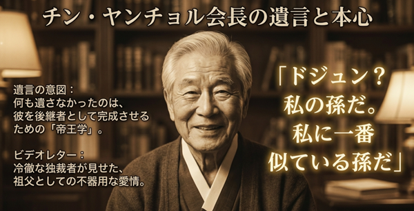 ドジュンに何も遺さなかった真意（帝王学）と、ビデオレターで見せた祖父としての不器用な愛情について解説したスライド。