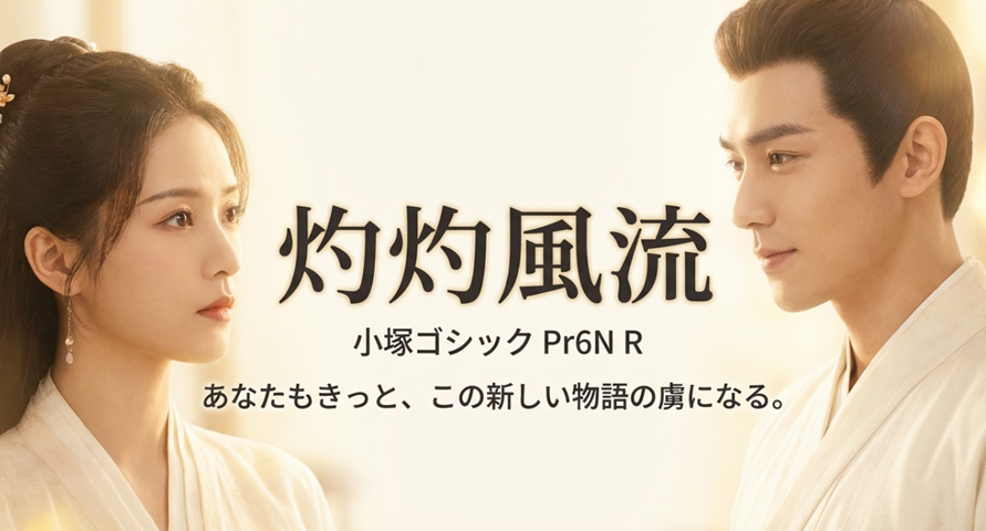 「灼灼風流」のロゴと「あなたもきっと、この新しい物語の虜になる」というメッセージ