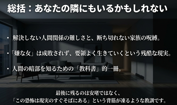 「この恐怖は現実のすぐそばにある」というメッセージと共に、解決しない人間関係の難しさを説くまとめのスライド。