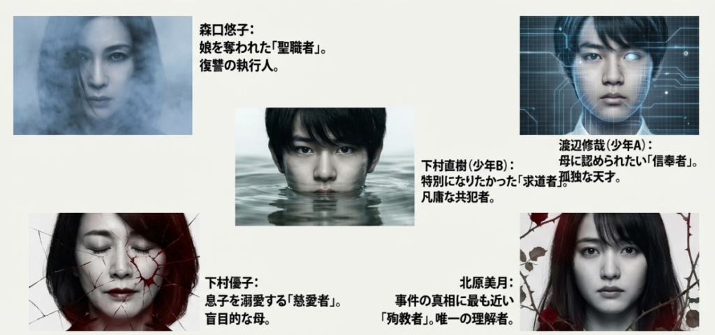 森口悠子、少年A、少年B、北原美月ら主要登場人物のビジュアルイメージ