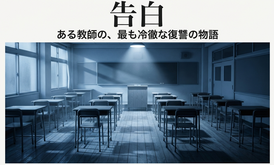 告白 湊かなえのタイトルと薄暗い教室の風景