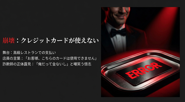 高級レストランでの支払い時にクレジットカードがエラー（ERROR）となり、詐欺師の悟志が「俺だって金ないし」と正体を明かす決定的瞬間の図解。