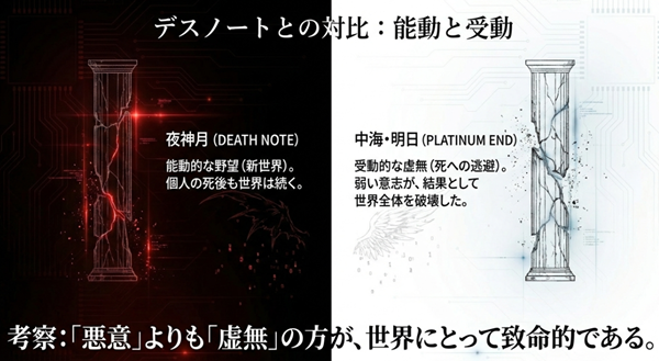 『DEATH NOTE』の夜神月の能動的な野望と、『プラチナエンド』の中海修滋の受動的な虚無を比較し、虚無の方が世界に致命的であることを示した図。