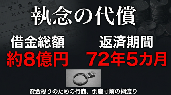 借金総額約8億円、返済期間72年という壮絶な執念の代償と、資金繰りのための行商や倒産寸前の状況を示す図。