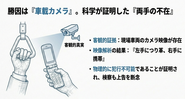 痴漢冤罪事件において客観的真実となった現場車両のカメラ映像と、映像解析によって証明された「左手につり革、右手に携帯」という事実の解説。