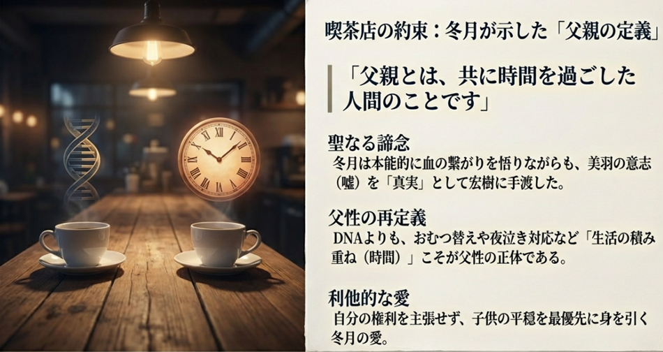 喫茶店で冬月が宏樹に語った「父親とは共に時間を過ごした人間」という言葉の意味と、DNA（血縁）よりも生活の積み重ね（時間）を優先して身を引いた冬月の聖なる諦念についての解説。