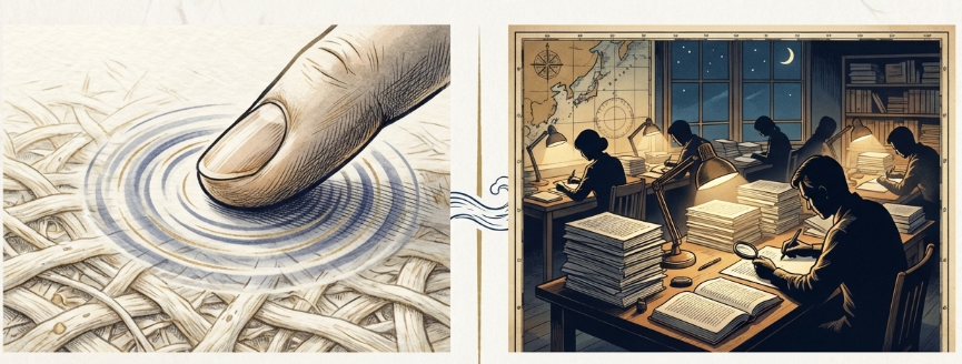 『大渡海』専用紙のぬめり感の追求と、単語の収録漏れを防ぐための編集部全員での再チェック作業の様子。