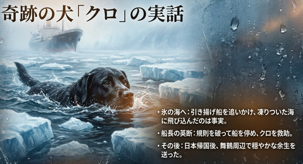 引き揚げ船を追いかけて氷の海へ飛び込んだクロと、規則を破って救助した船長の実話エピソード、その後のクロの生涯についての解説。
