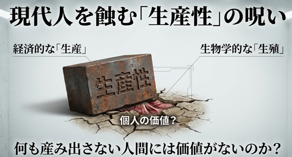 経済的な「生産」と生物学的な「生殖」の両面から個人の価値が問われる現代社会の構造と、「何も産み出さない人間には価値がないのか？」という作品の問いかけを示した図。