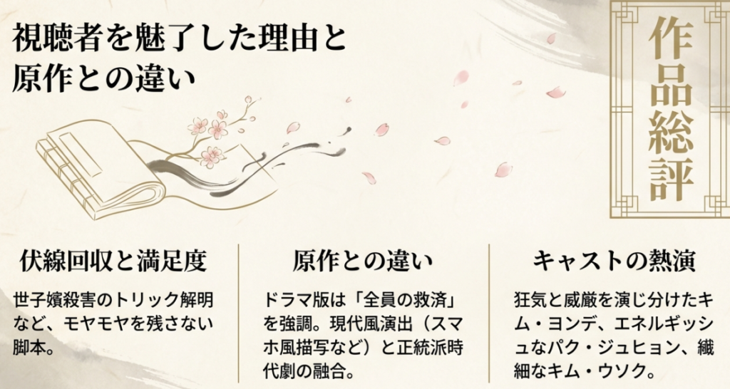 全員救済を強調したドラマ版オリジナルの結末、現代風演出の融合、そしてキム・ヨンデらキャストの熱演など、視聴者を魅了した要因と原作との比較解説。