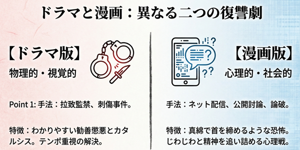 ドラマ版の「物理的・視覚的」な解決と、漫画版の「心理的・社会的」な解決の違いを、手錠とスマホのアイコンで比較した図。