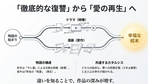 ドラマ版（映像）と漫画版（原作）で異なる展開を辿りながらも、最終的に主人公の幸福な結末へと収束していく物語構造の図解