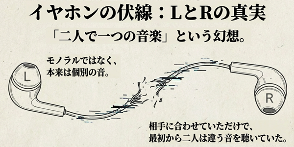 引き裂かれたイヤホンのイラスト。モノラルではなく本来は個別の音であるLとRの関係性を、二人の別れと自立に重ねて解説した図。