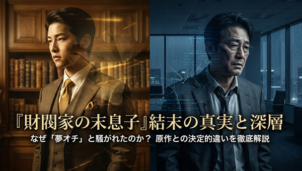 韓国ドラマ『財閥家の末息子』の結末に関する「夢オチ」説の真相と、原作との違いを徹底解説するスライドの表紙。