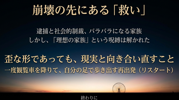 観覧車を降りて歩き出すイメージ。「理想の家族」という呪縛から解き放たれ、歪な形であっても現実と向き合い再出発する結末の解説 。