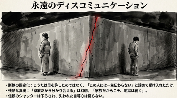親子の間に亀裂が入った壁のイラストと共に、信頼のシャッターが下ろされ、分かり合えないまま断絶が固定化された結末（地獄の継続）を表現した図。