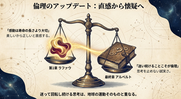 ラファウ（第1章）の「感動」重視の直感と、アルベルト（最終章）の「迷い続ける」倫理の対比図。思考の回転が地球の運動と重なることを示す。