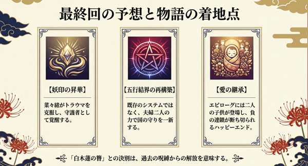 『傷モノの花嫁』の結末予想図。妖印の昇華、五行結界の再構築、そして菜々緒と夜行の愛が次世代へ継承されるハッピーエンドの構想。